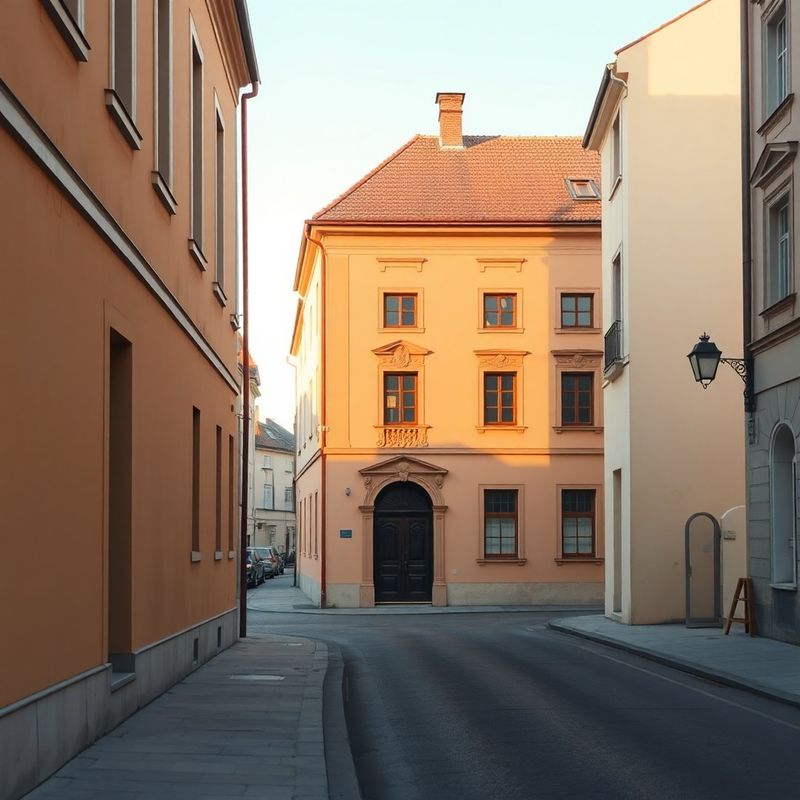 Quiet Slovak street in Martin in soft golden-hour light with a sand-olive facade