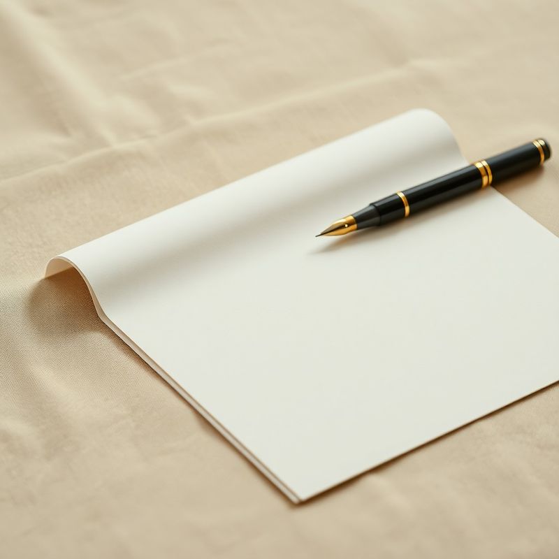 Structured document on sand-olive linen surface with fountain pen, evoking precision and permanence