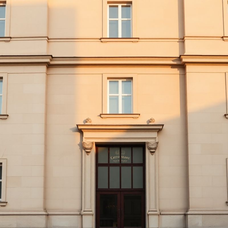 Sand-olive stone facade in early morning light, evoking permanence and preservation