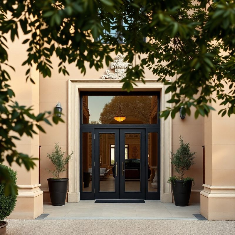 Office entrance framed by olive-toned foliage in soft afternoon light